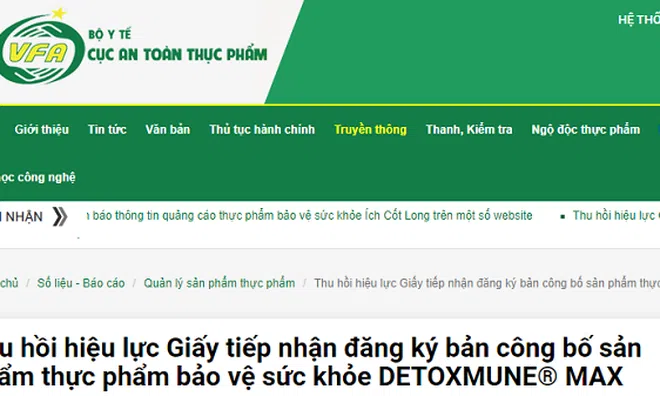 Thu hồi hiệu lực Giấy tiếp nhận đăng ký bản công bố sản phẩm thực phẩm bảo vệ sức khỏe DETOXMUNE® MAX