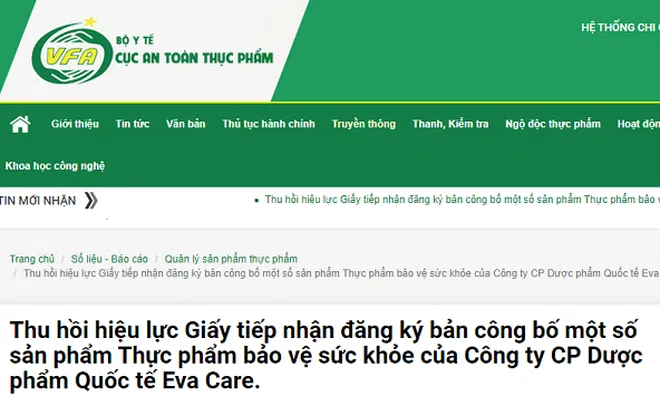 Thu hồi hiệu lực Giấy tiếp nhận đăng ký bản công bố một số sản phẩm TPBVSK của Quốc tế Eva Care