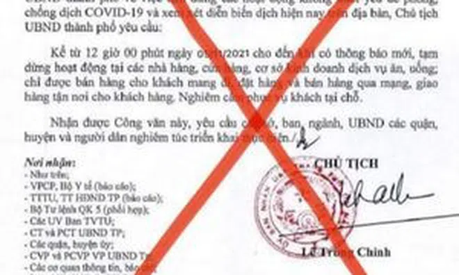 Văn bản Đà Nẵng tiếp tục dừng bán ăn uống tại chỗ từ 12h trưa 5/11 là giả