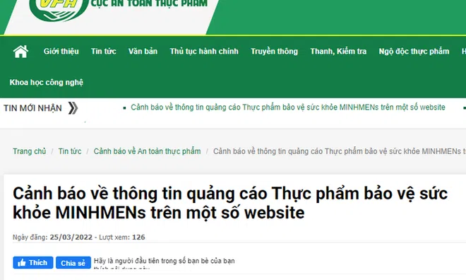 Bộ Y tế: TPBVSK MINHMENs vi phạm quy định của pháp luật về quảng cáo