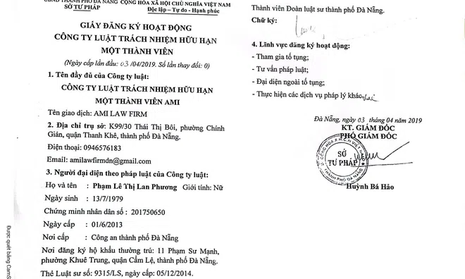 Công ty Luật TNHH Một thành viên AMI công bố thay đổi nội dung đăng ký hoạt động