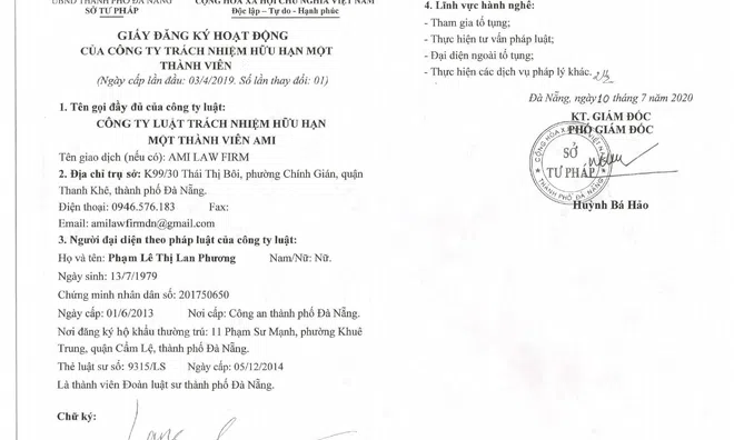 Công bố thay đổi nội dung đăng ký hoạt động của Công ty Luật TNHH Một thành viên AMI lần 1