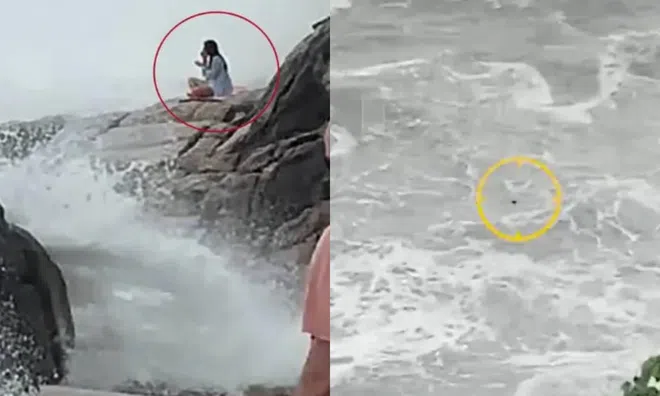 Clip: Cô gái chới với khi bị sóng cuốn trôi trong lúc ngồi thiền trên vách đá