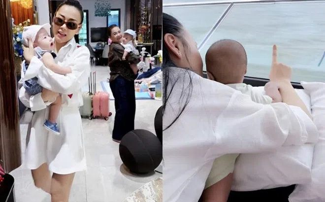 Cặp "rồng vàng" nhà Shark Bình 4 tháng tuổi đã "cưỡi" du thuyền ngắm biển, Phương Oanh có hẳn đoàn người phụ chăm con