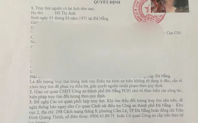 Công an Đà Nẵng truy tìm bà Hồ Thị Ánh