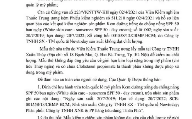 Có chứa Clobetasol propionate, mỹ phẩm do công ty TNHH SX - TM quốc tế Newtoday sản xuất bị thu hồi