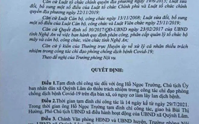 Chủ tịch xã ở Nghệ An cho F1 về thăm vợ con có thể bị xử lý ra sao?
