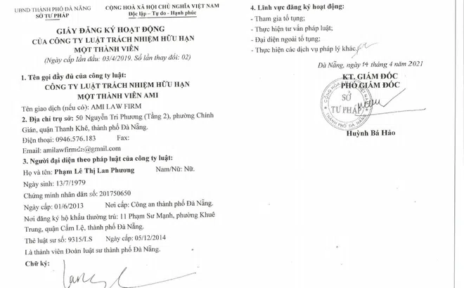 Công ty Luật TNHH Một thành viên AMI thay đổi nội dung đăng ký hoạt động lần 2