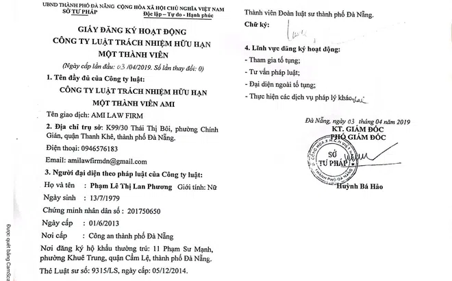Công bố thay đổi nội dung đăng ký hoạt động của Công ty Luật TNHH Một thành viên AMI
