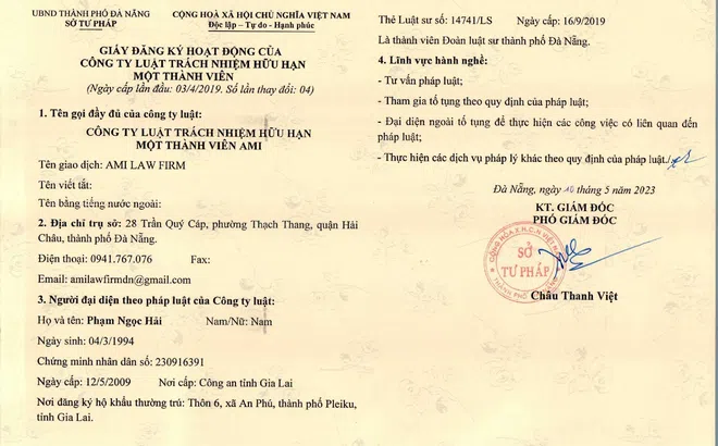 Công bố thay đổi nội dung đăng ký hoạt động của Công ty Luật TNHH Một thành viên AMI lần 4