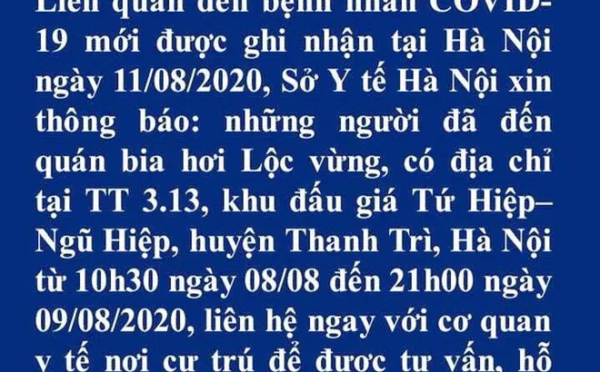 Sở Y tế Hà Nội phát thông báo khẩn tìm người đến quán bia Lộc Vừng